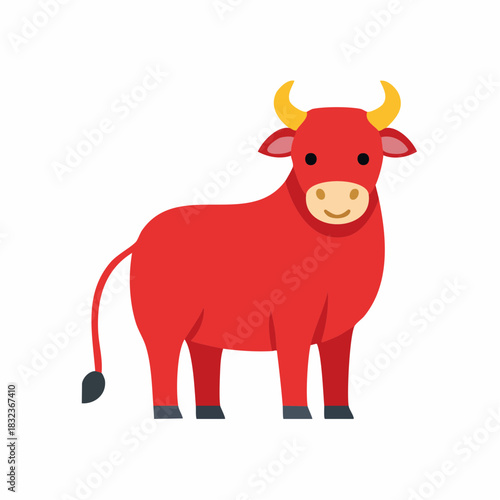 Cute cartoon red bull with yellow horns and a friendly face