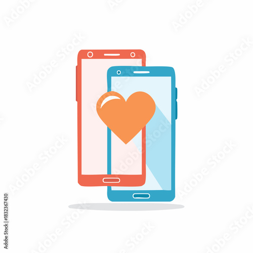 Two smartphones with a heart symbol between them, symbolizing love or connection via mobile devices