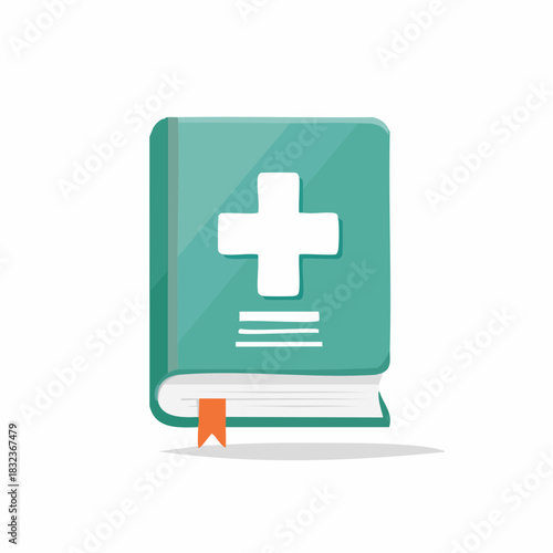 Medical guide book with a white cross, a first aid information resource and symbol