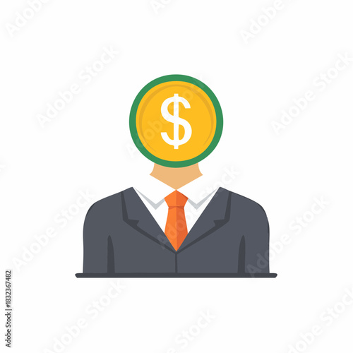 Businessman with a dollar coin for a head financial concept icon