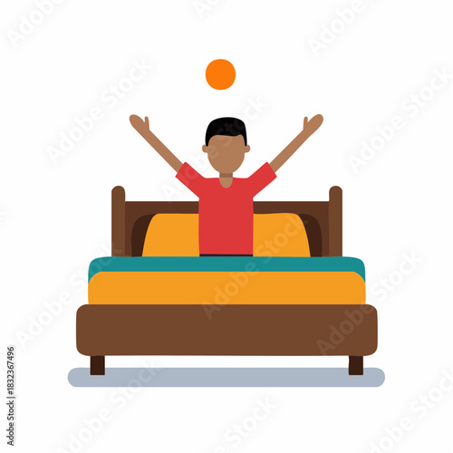 Cheerful person waking up stretching in bed as morning sun rises flat design illustration