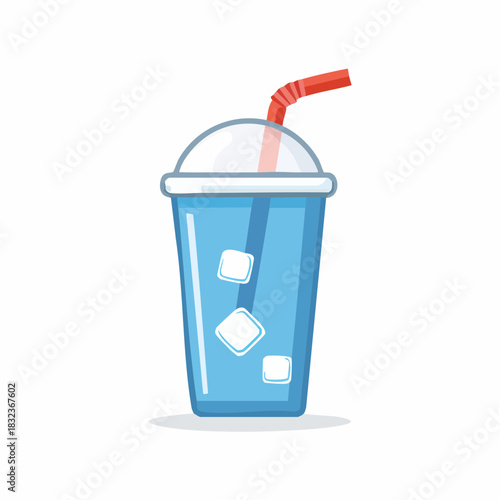 Cartoon vector illustration of a cold blue soft drink with ice cubes in a takeaway cup with a straw