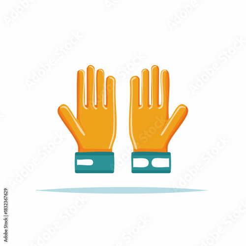 Cartoon illustration of orange gloves with teal cuffs. Healthcare, sanitation concept.