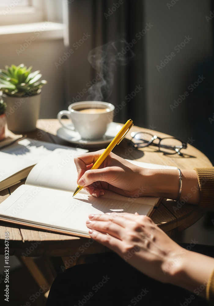 Obraz premium A woman's hands writing in a journal or planner on a sunlit wooden table. Morning routine with a steaming cup of coffee. Productivity and goal setting concept