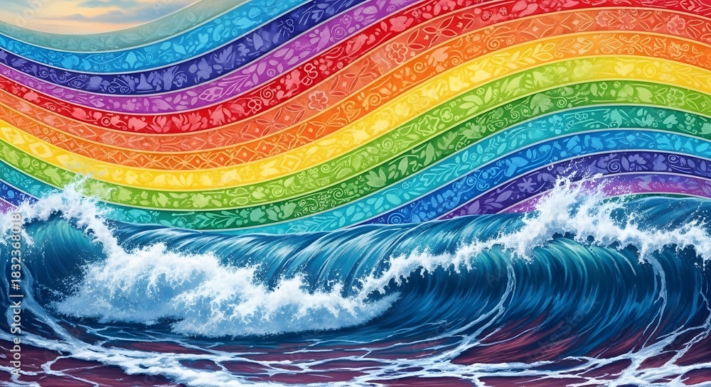 Fototapeta premium Colorful rainbow waves crashing over ocean surface, vibrant nature scene with dynamic water movement and bright sky, artistic seascape view