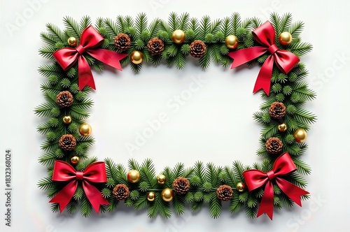 A festive christmas frame with evergreen branches red bows and golden ornaments for holiday season greeting card design