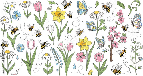 Spring flowers and bee doodle set – butterflies, tulips, daisies & botanical line art collection
