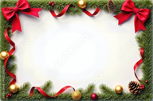 Festive christmas frame with red bows and golden ornaments on evergreen branches for seasonal greetings