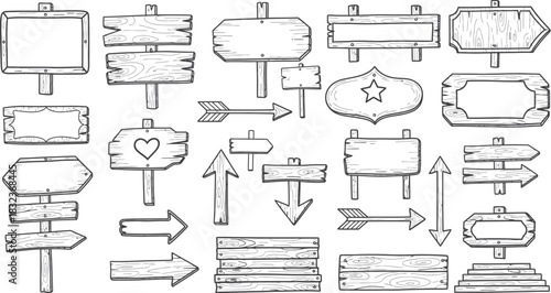 Wooden signboard doodle set – rustic wood signs, arrows, labels & hand-drawn plank illustrations