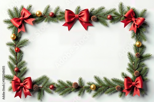 A beautiful christmas rectangular frame made of evergreen branches with red bows and golden ornaments for festive design