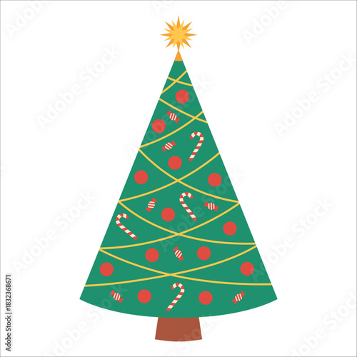 Simple large, tall Christmas tree with red ornaments, candy canes, golden garlands. Elegant festive illustration for card, banner, kids, seasonal, holiday designs. Flat vector. Hand drawn. Isolated.