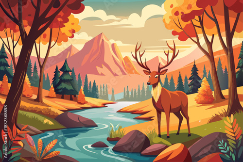 vector of A beautiful brown deer stands alone by a river in the autumn forest. Beautiful autumn landscape.