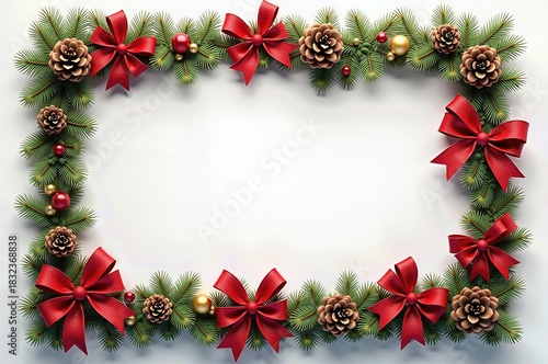 Festive christmas new year decorative frame with pine branches and red bows on white background