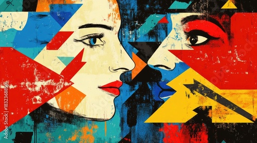 An abstract representation of conflict resolution, depicted bold arrows clashing head-on