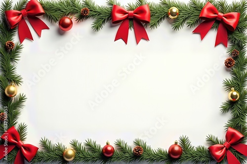Festive new year frame with red bows and golden ornaments on white background