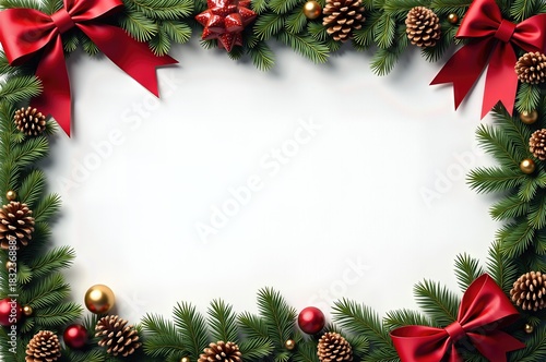 Festive christmas new year decoration frame with red bows and golden ornaments