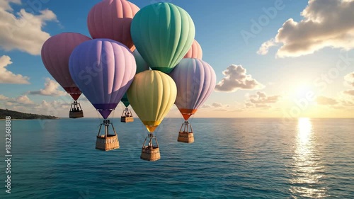 Colorful hot air balloons floating over calm ocean horizon sunrise scenic view