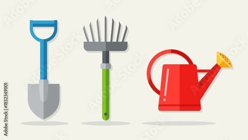 A set of three colorful gardening tools: a shovel, a rake, and a watering can, depicted in a flat vector style.
