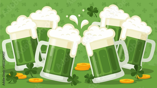 A festive collection of frothy green beers arranged around scattered gold coins and shamrocks.
