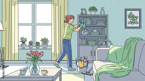 A woman cleaning a tidy living room with plants and a bookshelf.