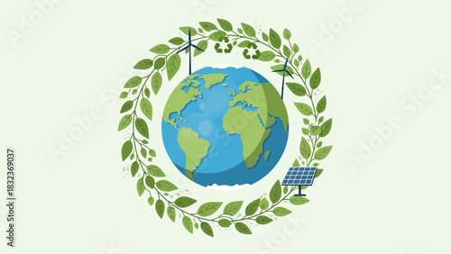 Illustration depicting the Earth surrounded by a wreath of leaves, wind turbines, solar panel, and recycling symbol.