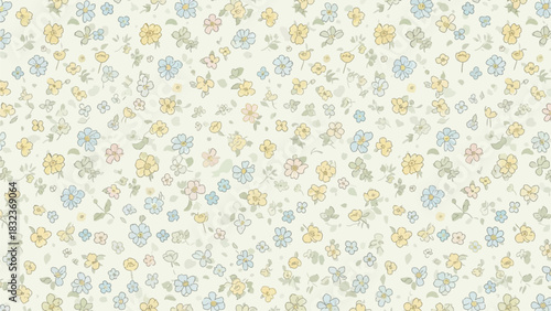 Delicate seamless pattern featuring small, scattered ditsy flowers in soft pastel colors of blue, yellow, and pink on a cream background.