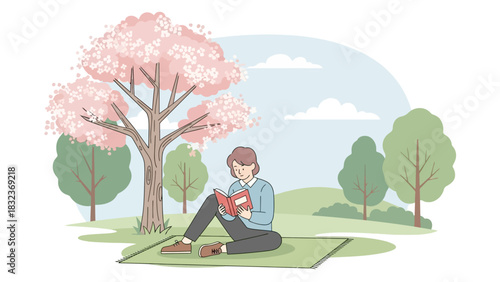 A young person enjoys reading a book while sitting on a blanket under a blooming cherry blossom tree in a park during springtime.