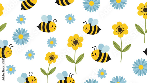 A charming and whimsical seamless pattern featuring cute cartoon bees buzzing around colorful yellow and blue flowers on a white background, perfect for children's designs.