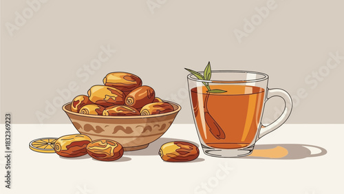 A bowl of dates next to a glass of hot tea with mint and cinnamon.
