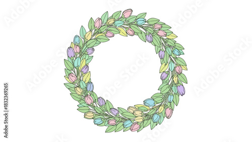 A hand-drawn illustration of a spring wreath with green leaves and pastel colored tulip buds on a white background.