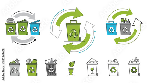 Collection of recycling bins with different types of waste, promoting environmental conservation.