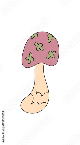 Groovy pink cartoon mushroom in retro style sticker. Psychedelic shroom with magic y2k vibe, cute and trendy groovy element as sticker. Funky pop touch for playful retro themes and decor.