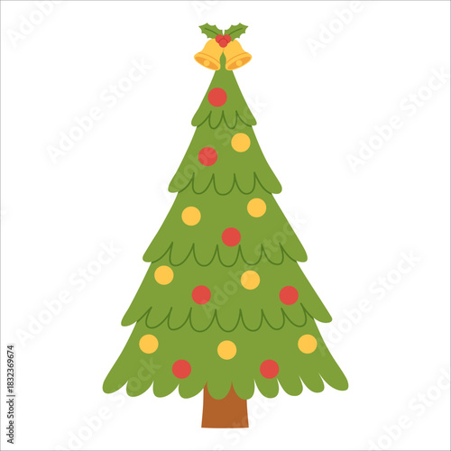 Simple green Christmas tree with a big yellow bells and decorative holly. Warm and festive design for card, banner, kids, holiday decor. Flat vector. Hand drawn. Isolated background.