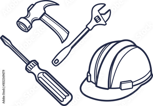 Construction tools and safety hard hat outline illustration.