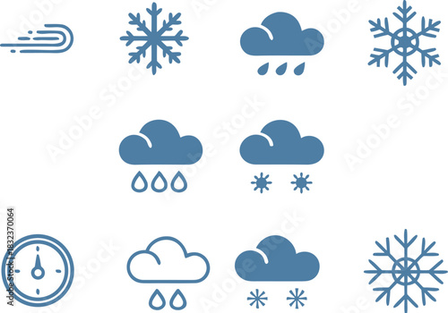 Weather forecast icon collection: wind, snow, rain, and timing