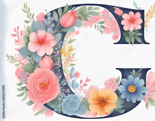 elegant watercolor floral hand painted letter c formed by soft pastel colorful dreamy flowers perfect for weddings invitations branding prints greeting cards decor and creative design projects
