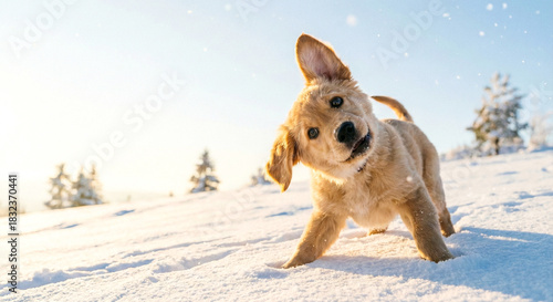 Playful puppy playing in snow during sunny winter day  