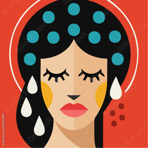 halo tears and turquoise thought: stylized woman’s face with red lips and abstract emotion on red
