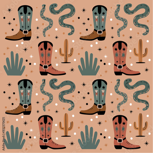 desert boots and spotted coils: Western pattern with snakes, cacti, and cowboy gear on tan