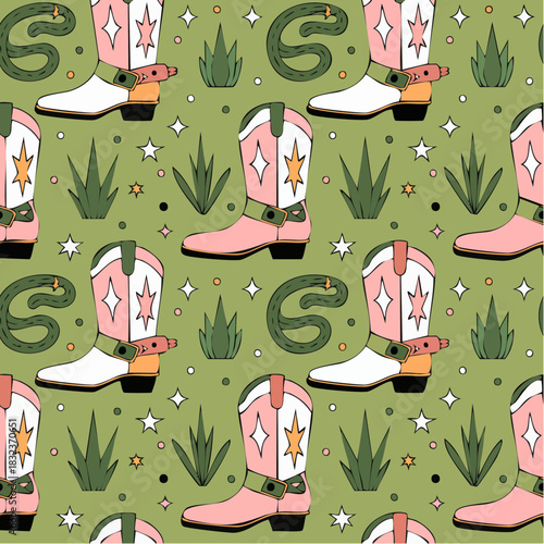 desert boots and coiled charm: stylized Western pattern with snakes, stars, and pink cowboy gear