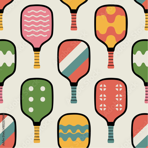 graphic paddles and playful grid: stylized pickleball pattern with colorful handles and geometric flair