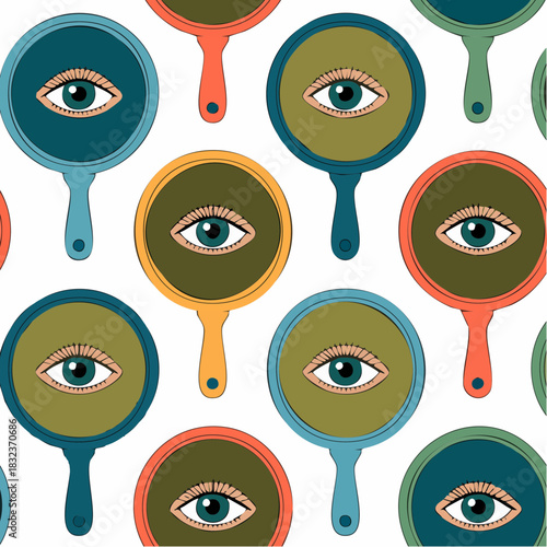 mirrored gaze and colorful clarity: stylized handheld mirrors with blue eyes in surreal grid