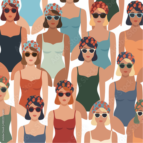 retro swim caps and sunny poise: vintage-style women in patterned suits and floral flair