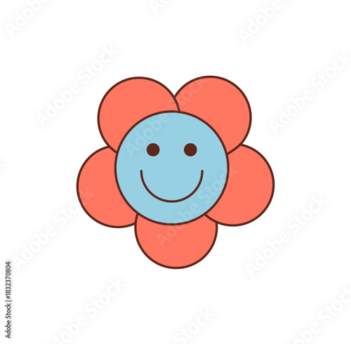 Groovy retro flower sticker smiles with cute cartoon face in blue and pink. This colorful happy icon is a playful graphic and y2k groovy element, ideal for vintage trendy cheerful decor.