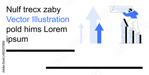 Business growth, data analysis, strategic planning, search engine optimization, corporate success, performance. Man holding search bar with upward arrows. Business growth and strategy concept