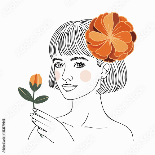 orange bloom and quiet gaze: stylized figure with flower in hand and blush-toned cheeks