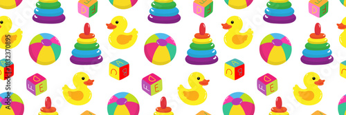 seamless pattern colorful baby toys bright backdrop for kids background textile print wallpaper design childrens playing objects pyramid duck cubes ball