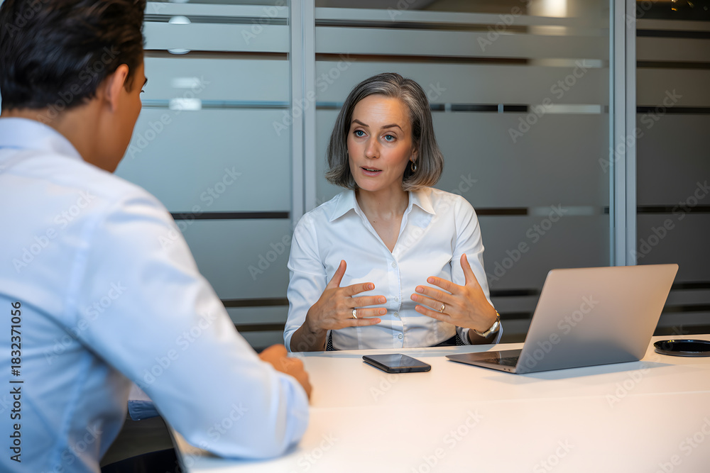 Obraz premium Engaging business meeting in a modern office, featuring a grey-haired woman in a white shirt and a man in a blue shirt, with a laptop and phone on the table.