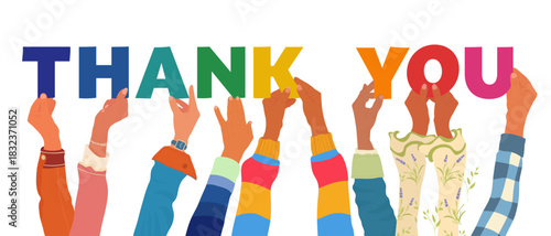 Diverse raised hands lifting colorful letters together to create a vibrant inclusive Thank You message