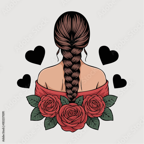 braided elegance and blooming red: back-view woman with roses and hearts in romantic symmetry